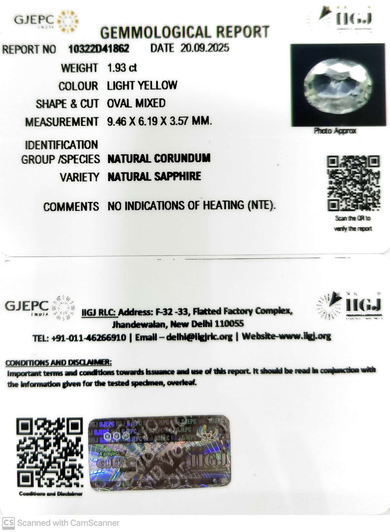 1.93/CT Natural Yellow Sapphire With Govt Lab Certificate (16650)