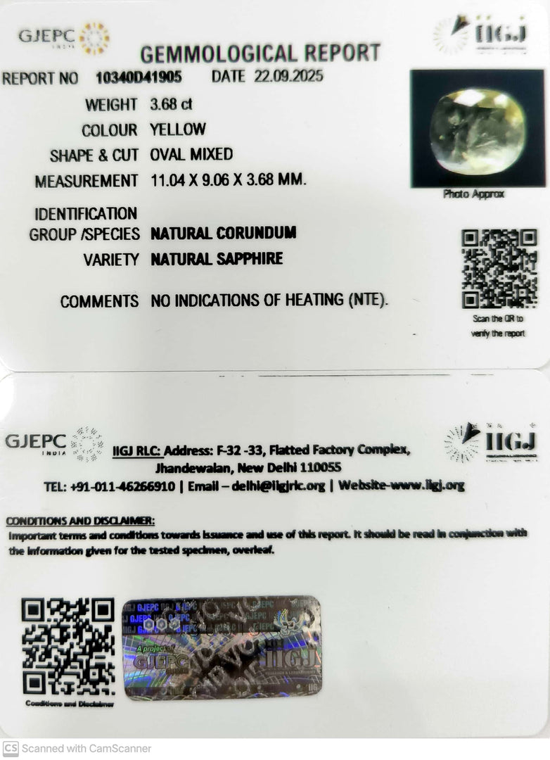 3.68/CT Natural Yellow Sapphire With Govt Lab Certificate (16650)
