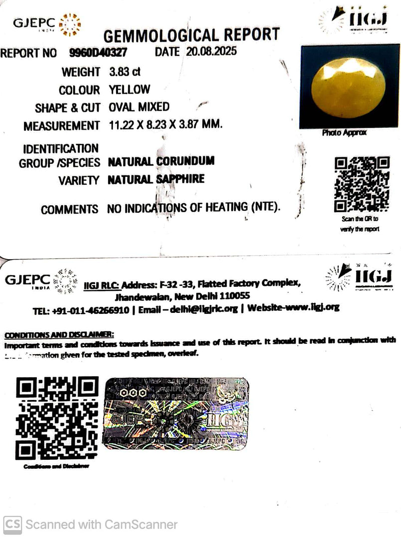 3.83/CT Natural Yellow Sapphire With Govt Lab Certificate (1221)