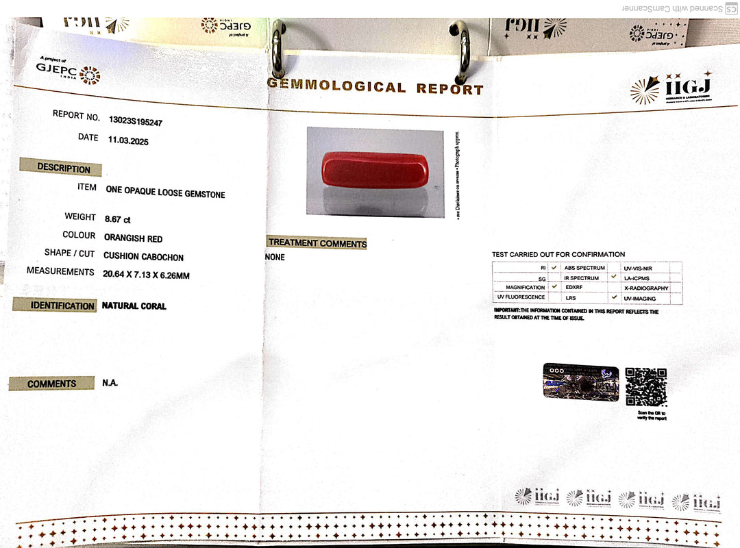 9.62 Ratti Natural Red Coral With Govt. Lab Certificate