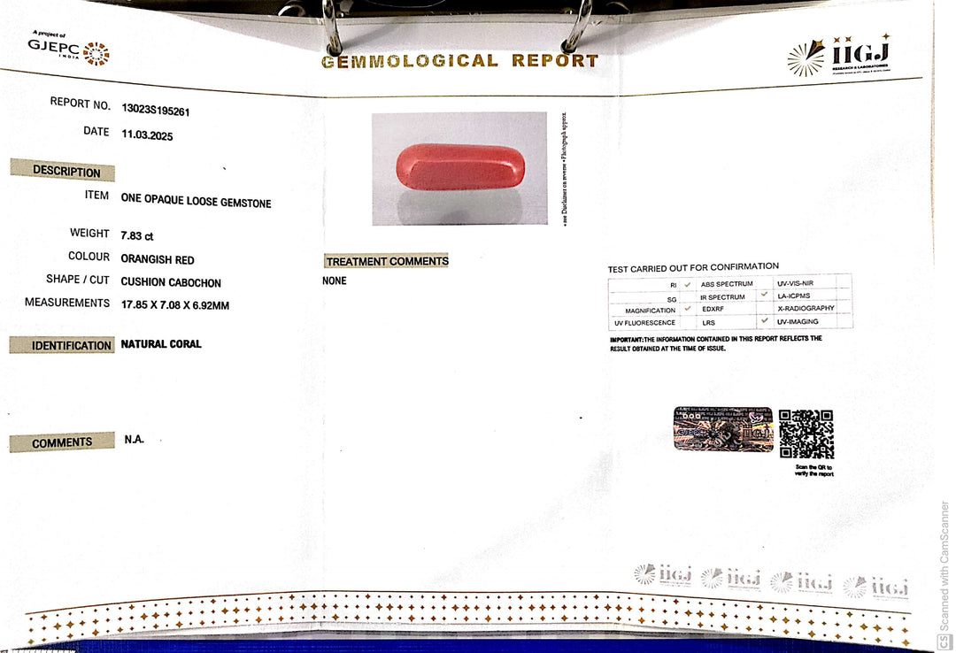 7.86 Ratti Natural Red Coral With Govt. Lab Certificate