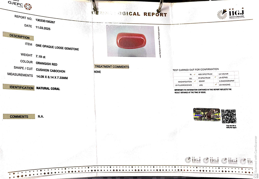 7.19/CT Natural Red Coral With Govt. Lab Certificate