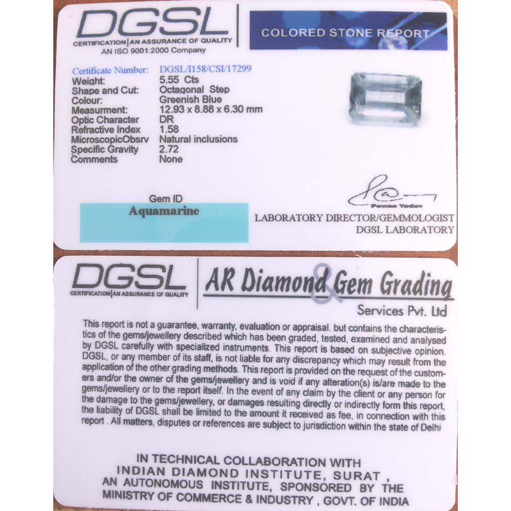 5.55/CT Natural Aquamarine with Govt Lab Certificate-1665