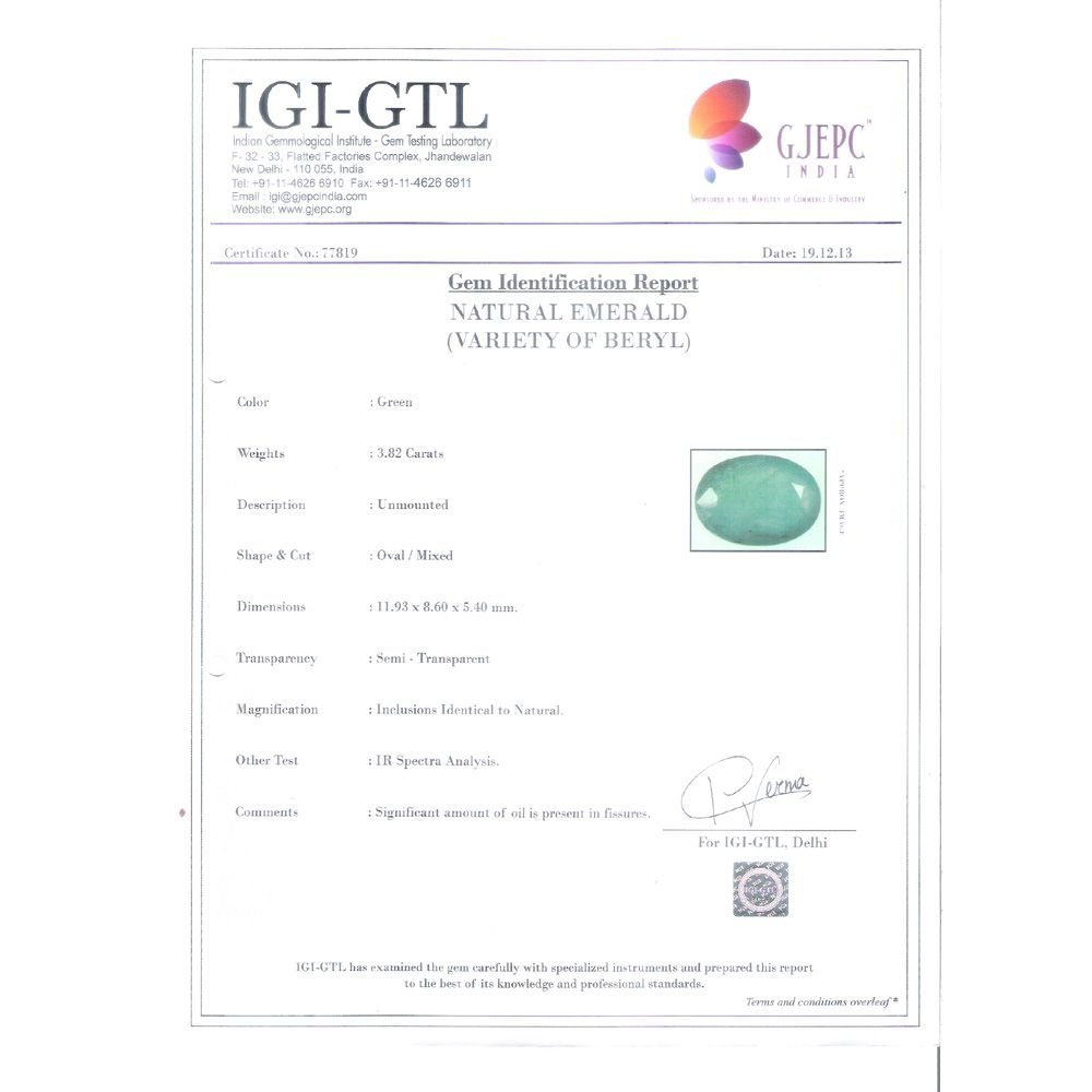 3.82/CT Natural Emerald Stone with Govt. Lab Certificate (12210)