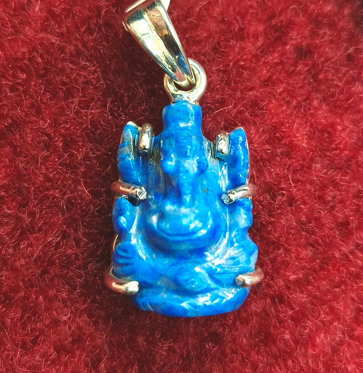 Natural Lapis Ganesha Silver Pendant