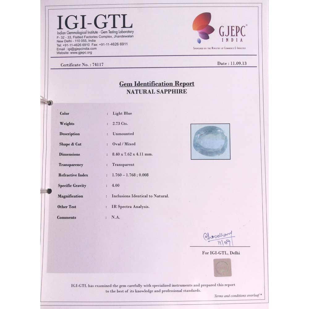 2.73/CT Natural Blue Sapphire with Govt Lab Certificate-BLUSA9T
