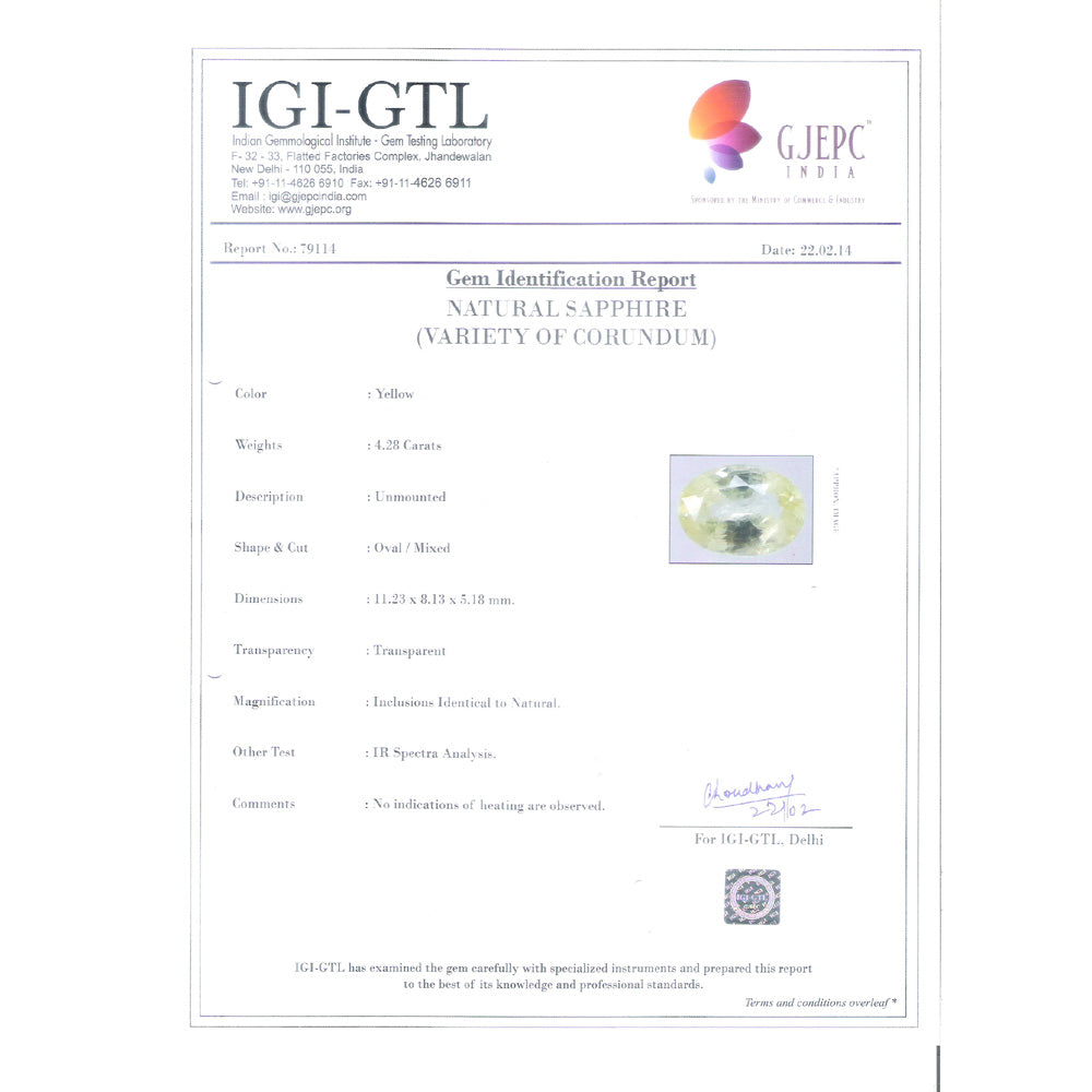 4.28/CT Natural Yellow Sapphire with Govt Lab Certificate-(YELSA9W)