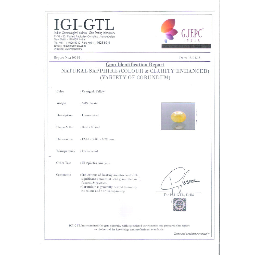 7.61 Ratti Natural yellow sapphire with Govt Lab Certificate-(2100)