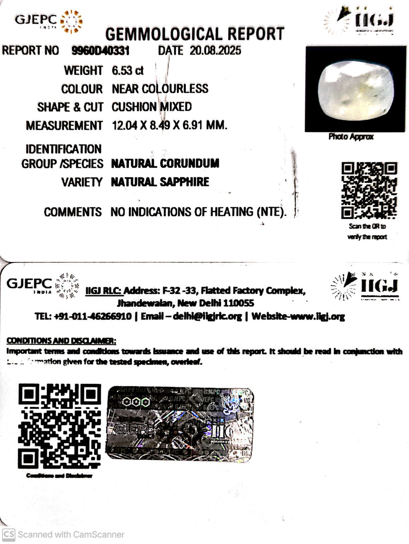 6.53/CT Natural White Sapphire with Govt Lab Certificate (6771)